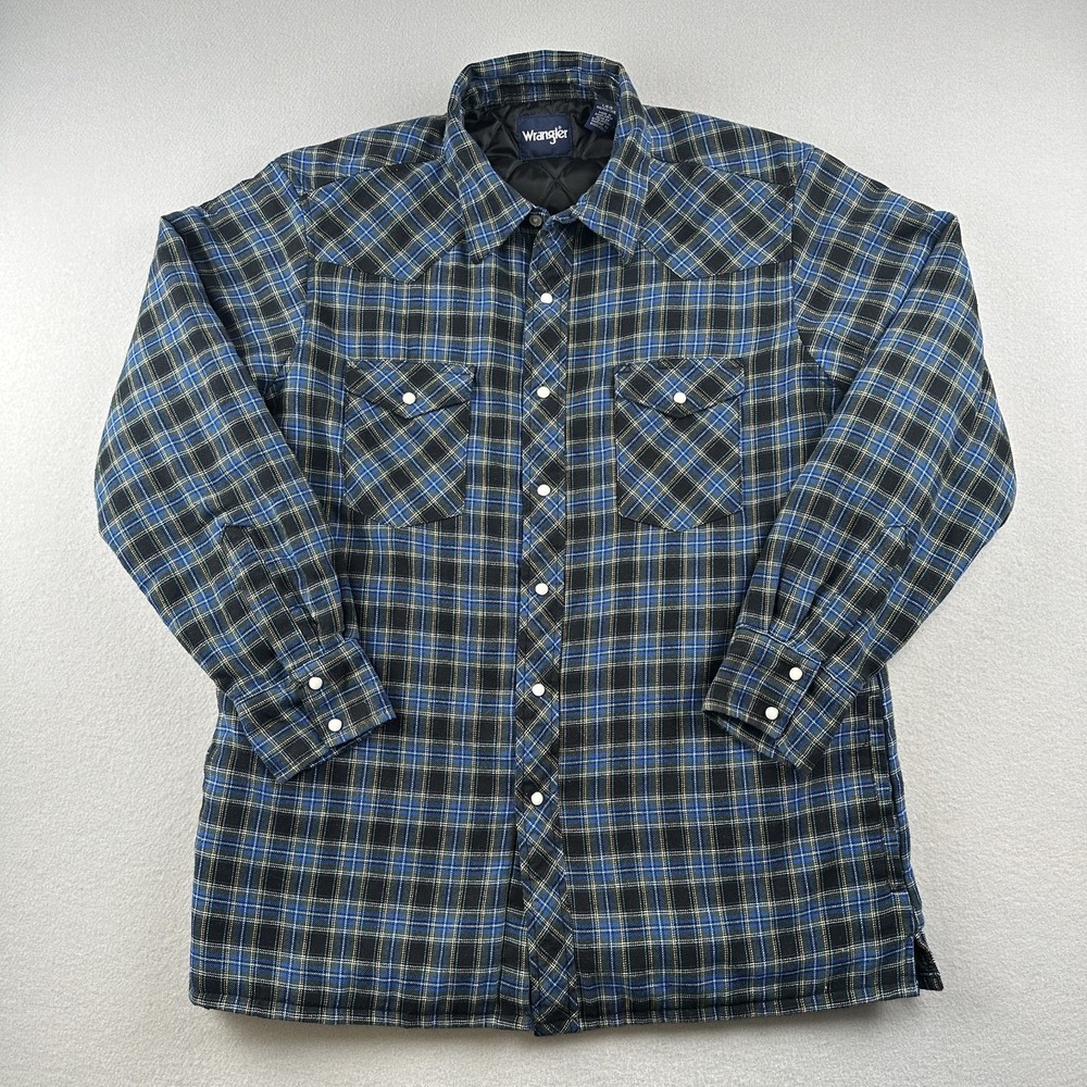 Wrangler Shirt Jacket Mens L Blue Black Plaid Quilted Lined Western Flannel Snap
